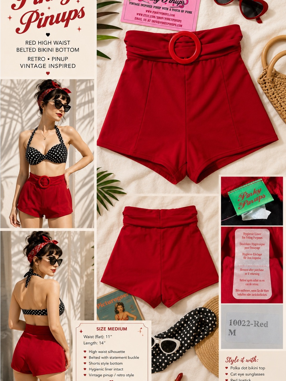 Red High-Waist Belted Bikini Bottoms S